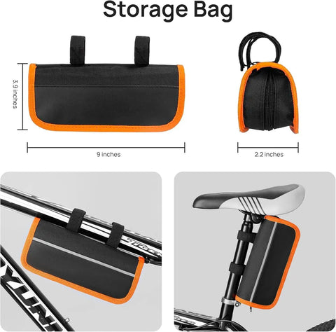All In One Bike Repair Kit With Pump And LED Light, 16 In 1 Portable Tool Bag storage bag in black and orange, dimensions shown