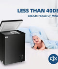 Slick 3.5 Cubic Feet Compact Chest Freezer With Adjustable Thermostat And Nifty Removable Basket in black, open lid showcasing interior.