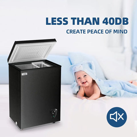 Slick 3.5 Cubic Feet Compact Chest Freezer With Adjustable Thermostat And Nifty Removable Basket in black, open lid showcasing interior.