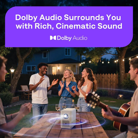 Group enjoying outdoor movie with Roku TV Smart Projector With WiFi And Bluetooth, D1R Cube Roku Streaming Built In, Sealed Optical Engine