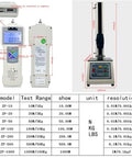 All In One Digital Tensile Testing Machine With Force Gauge For Pull And Tension Tests, 450 Mm Stroke, 999 Data Storage, Includes 2 Clamps And 5 Probes For Wire Harness And Terminal Tensile Testing, Pro Grade Shop Floor Workhorse, front and side views