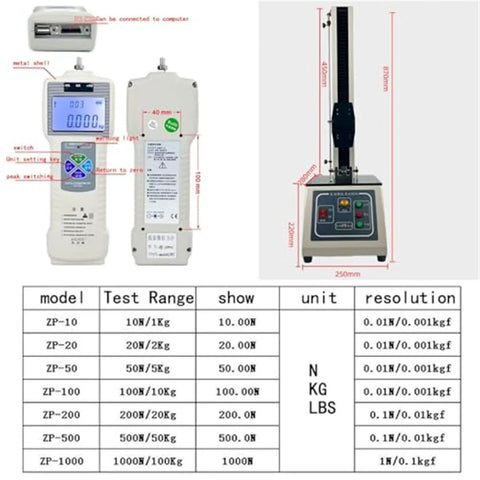 All In One Digital Tensile Testing Machine With Force Gauge For Pull And Tension Tests, 450 Mm Stroke, 999 Data Storage, Includes 2 Clamps And 5 Probes For Wire Harness And Terminal Tensile Testing, Pro Grade Shop Floor Workhorse, front and side views
