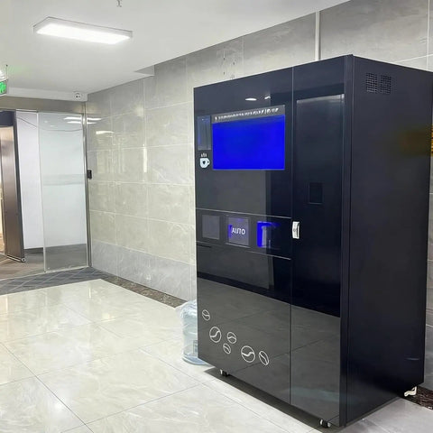 Hotel Coffee Vending Station With Bean To Cup Brew 10.1 Inch Touch Screen Fresh Milk Frother in hotel lobby corner