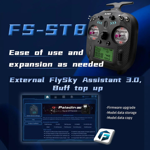 FS ST8 2.4GHz RC Transmitter With 10 Channels And FS SR8 Receiver, showing ease of use and external FlySky Assistant 3.0