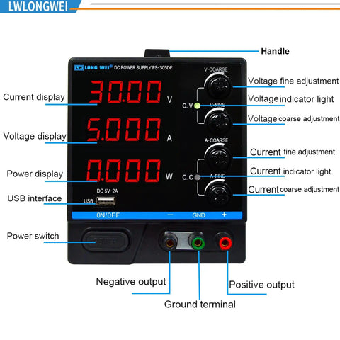 Front view of Variable DC Power Supply 0 To 30V 10A Bench Regulated Switching Power Supply With 4 Digit LED Display