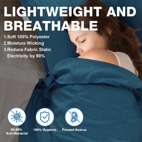 Person sleeping in blue ultralight sleeping bag liner with focus on comfort features, ideal for summer travel, hostels, or camping.