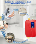 Ultra Compact Electric Tankless Water Heater 3000W 110V Under Sink Instant Hot Water Wall Mount System in kitchen and bathroom image.
