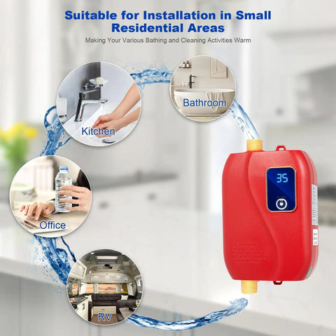 Top Shelf Tankless Electric Water Heater With Digital Display For Instant Hot Water On Tap In Kitchens And Bathrooms 110V 3000W shown in a kitchen with text highlights.