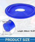 High Temp Silicone Vacuum Tubing Hose In Blue, 16.4 Ft Long, 3mm Inner Diameter, 10mm Outer Diameter, coiled next to size details