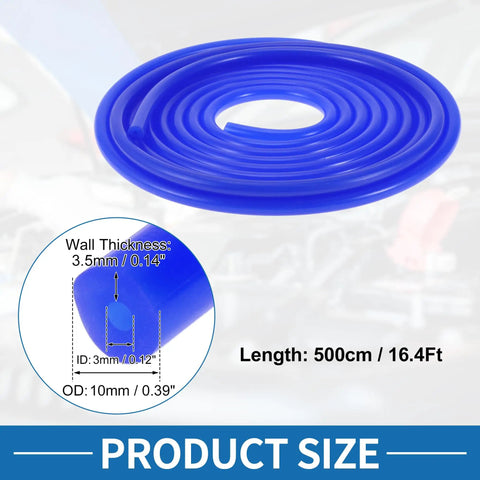 High Temp Silicone Vacuum Tubing Hose In Blue, 16.4 Ft Long, 3mm Inner Diameter, 10mm Outer Diameter, coiled next to size details