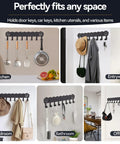 Adhesive Wall Key Holder With 8 Hooks No Drill Key Rack Easy Install Matte Black Finish For Entryway Kitchen Hallway RV Durable Key Organizer To Keep Keys And Small Accessories Neat And Accessible shown in various home settings.
