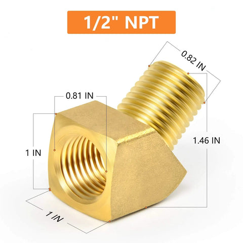 Two Pack 45 Degree Street Elbow Brass Pipe Fittings Half Inch NPT Female To Half Inch NPT Male Heavy Duty Brass Beefy Threads 150 PSI