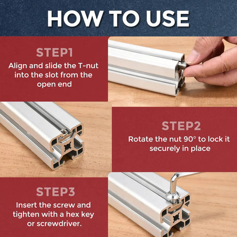 How to use Hella Durable 50 Pack T Slot Nuts Industrial Grade Fabricated For Seamless Aluminum Extrusion 4545 Series Assemblies.