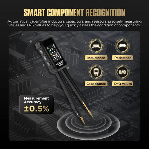 Pro Grade Auto Component Recognizing LCR Tweezers Meter With Six Test Modes For L C R D Q Rs, OLED Display on circuit board.