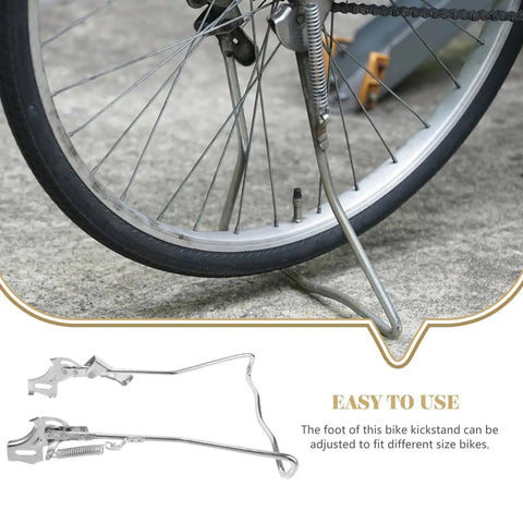 Adjustable Dual Leg Bike Kickstand With Non Slip Feet for Quick Release Tires supporting a bicycle on concrete surface.