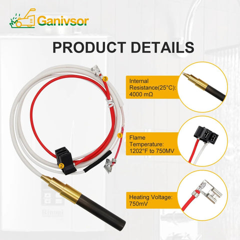 Ganivsor Minivolt thermopile water heater replacement kit with white cable, red lead, and gold sensor tip