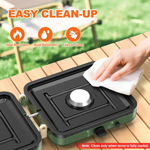 Cleaning surface of Two Burner Foldable Camping Stove With Carry Bag For Outdoor Cooking on wooden table