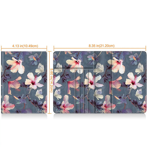 Slim RFID Passport Holder Travel Wallet With Card Slots, Blooming Hibiscus Design, Lightweight Durable Synthetic Leather open view.