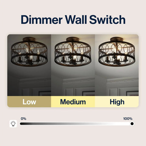 Oil Rubbed Bronze 15.5 Inch 4-Light LED Metal Semi Flush Mount Ceiling Light showing dimmer settings: low, medium, high