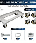 Heavy Duty Aluminum Milk Crate Dolly With Smooth Roll Casters, Commercial Grade Wheeled Platform Cart with smooth-rolling casters and accessories.