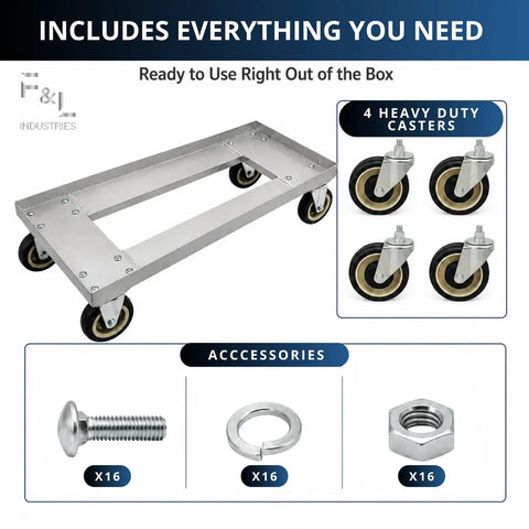 Heavy Duty Aluminum Milk Crate Dolly With Smooth Roll Casters, Commercial Grade Wheeled Platform Cart with smooth-rolling casters and accessories.