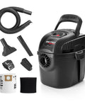 One Gallon Wet Dry Vacuum Micro 1.0 Peak HP with 1.25 Inch by 4 Foot Hose and 6 Foot Cord, accessories displayed