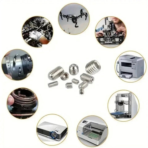 Stainless Steel Socket Head Hex Set Screw Kit Cup Point Metric M3 Through M8 400 Piece Assortment with machinery application images