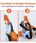 Heavy Duty Chainsaw Hanger Wall Mount 2 Pack For Garage Organization, chainsaws mounted horizontally and vertically on orange brackets