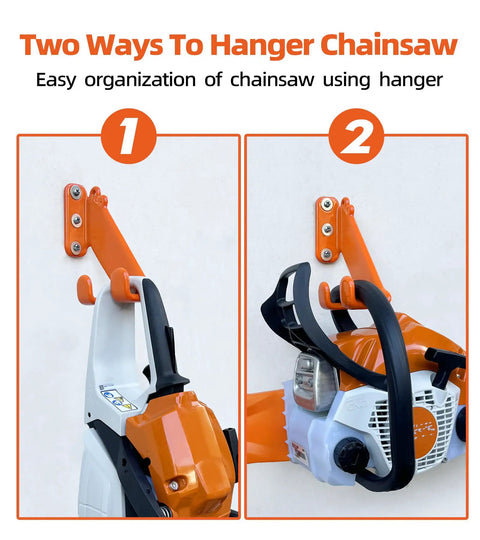 Heavy Duty Chainsaw Hanger Wall Mount 2 Pack For Garage Organization, chainsaws mounted horizontally and vertically on orange brackets