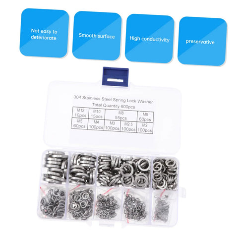 600 Piece M2 Stainless Steel Spring Washer Assortment Kit Lock Split Washers For Vibration Resistance And Tight Fit In Machinery And Equipment DIY Friendly Kit Pro, open case