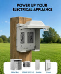 Heavy Duty Rugged Outdoor Outlet Box Knockout Free Setup, Dual GFCI Electrical Enclosure mounted on wooden post.