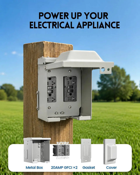 Heavy Duty Rugged Outdoor Outlet Box Knockout Free Setup, Dual GFCI Electrical Enclosure mounted on wooden post.
