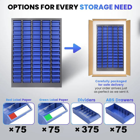 Garage-Grade 75-Drawer Nut and Bolt Organizer Cabinet with ABS Drawers, 36 Inch High, 26 Inch Deep, 9 Inch Wide Hardware Storage, Adjustable Shelves and Label System for Workshop, Lab, and Home Garage Tool Storage shown packaged with drawers, dividers, and labels