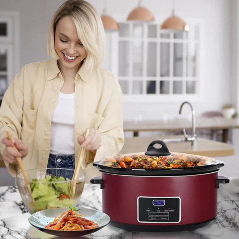 Woman cooking with crockpot featuring pot lid knob replacement for crockpot and slow cooker lids, Bakelite handle, 1 pack.