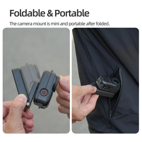 Magnetic Mount Stand For Osmo Nano Camera With 360 Degree Rotation And Vertical Horizontal Adjustable Angles Foldable Desktop Base shown folded