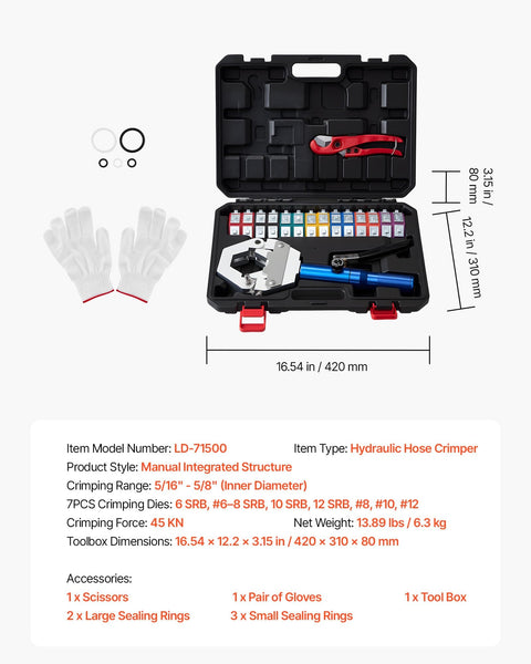 Hydraulic Hose Crimper Kit With 7 Dies For Auto AC Repair, Snap-On Hydra-Krimp Manual Hydraulic Crimp Tool in Case