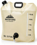Collapsible Water Container With Spigot 12L Foldable Water Storage Bag for camping and outdoor use, beige with handle and spigot visible.