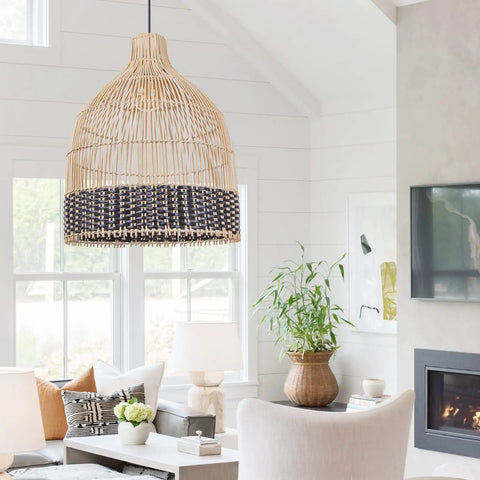 Black Rattan Pendant Light for Kitchen Island and Living Room, Handmade Woven Lampshade Ceiling Fixture in modern rustic room.