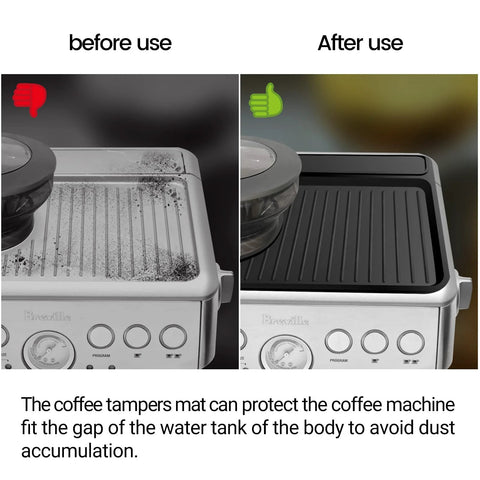 Tamping mat on a Breville espresso machine; black silicone, before-use dirty surface and after-use clean panel.