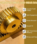 Beefy Brass Spur Gear And Gear Rack Set 0.5 Module 30 Tooth Pinion With 4mm Bore showing accurate tooth profiles on wooden surface