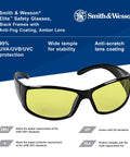 Badass Lightweight Anti Fog Safety Glasses With Amber Yellow Tinted Lenses And Sleek Black Frame For Shooting Sports displaying 99% UV protection.