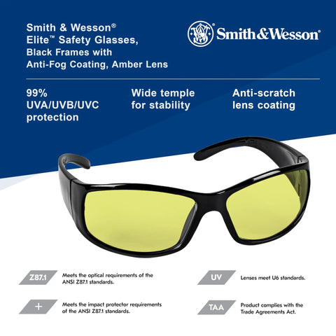 Badass Lightweight Anti Fog Safety Glasses With Amber Yellow Tinted Lenses And Sleek Black Frame For Shooting Sports displaying 99% UV protection.