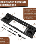Pro Grade Door Jamb Hinge Jig with router template and guides for 2-1/2 to 6-inch hinge sizes in black with accessories shown.