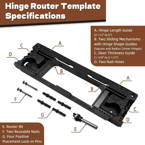 Pro Grade Door Jamb Hinge Jig with router template and guides for 2-1/2 to 6-inch hinge sizes in black with accessories shown.
