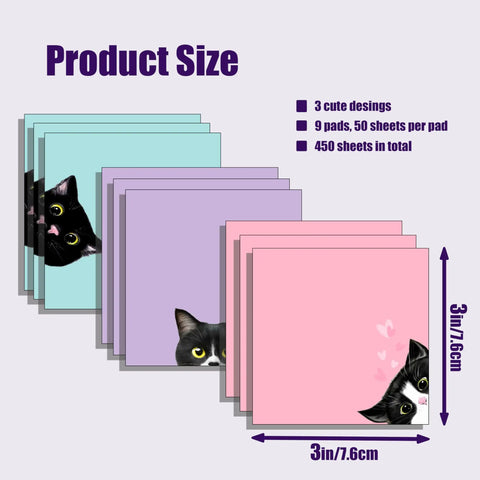 Nine Pad Cat Themed Sticky Notes Set In Pink With Super Adhesive Self Stick Notes, featuring 3x3 inch colorful cat designs.