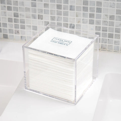 No Fuss Clear Acrylic Storage Box For Towels And Towelettes Countertop Dispenser Bin Keeps Your Vanity Crisp And Tight Fits Fifty Facial Wipes Easily With Zero Clutter Or Visual Mess.