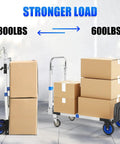 3 In 1 Aluminum Folding Hand Truck Dolly Cart With Wheels Up To 600 Lbs Capacity Heavy Duty Convertible Trolley in folding and rolling positions.