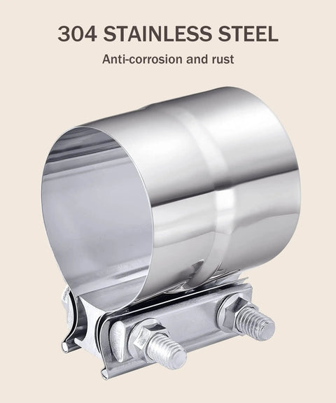 304 stainless steel exhaust clamp from Exhaust Clamp Set With Multiple Sizes 4In 3In 2.5In 5In 3.5In 2.75In Heavy Duty Stainless Steel Lap Joint Band Clamp Sleeve Coupler For Exhaust System No Fuss Install And Galvanized Build, showing anti-corrosion feature.
