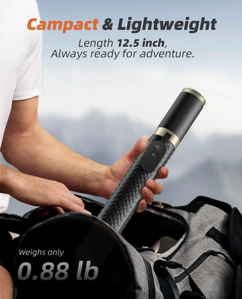 Person holding compact All In One Phone Tripod And Selfie Stick With Remote for iPhone and Android, lightweight and portable