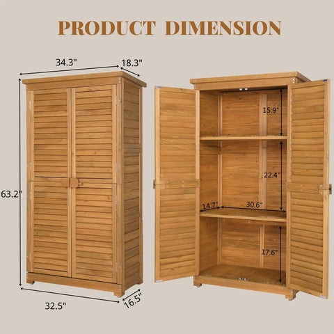 63 Inch Tall Wooden Outdoor Storage Cabinet With Two Lockable Doors Three Adjustable Shelves Waterproof Roof Weatherproof Garden Tools Shed For Yard Patio Deck Or Porch Natural Finish shown with dimensions.